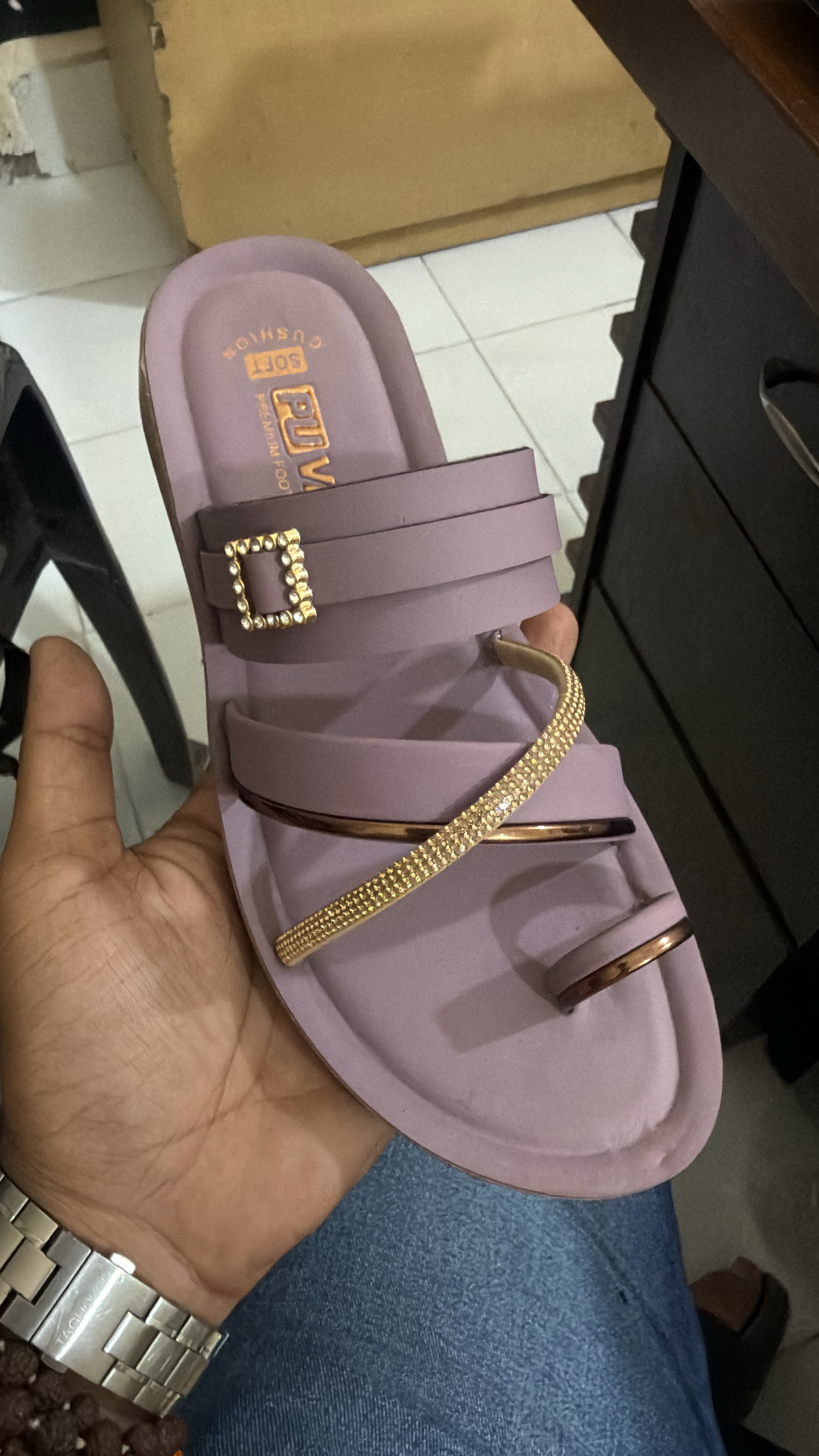 Lavender PUVEK sandal with buckle and stone detail